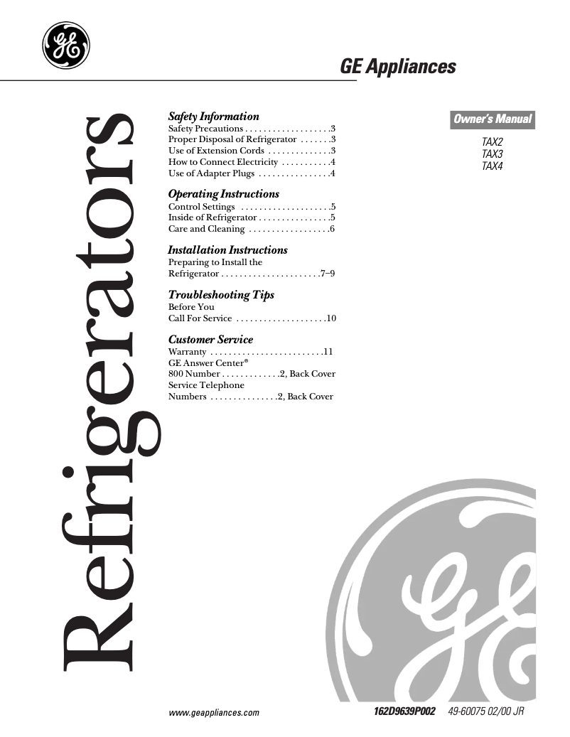 Page 1 de la notice Manuel d'utilisation et d'entretien GE TAX4SNCWH