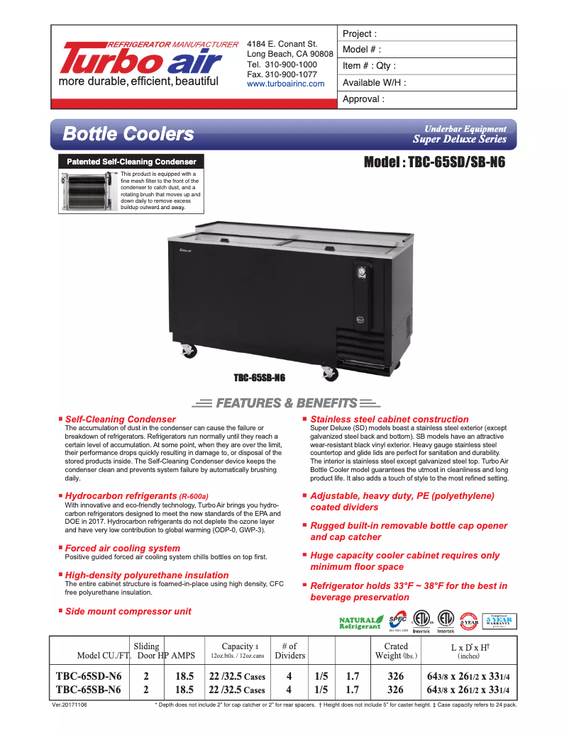 Page 1 de la notice Fiche technique Turbo air TBC-65SB