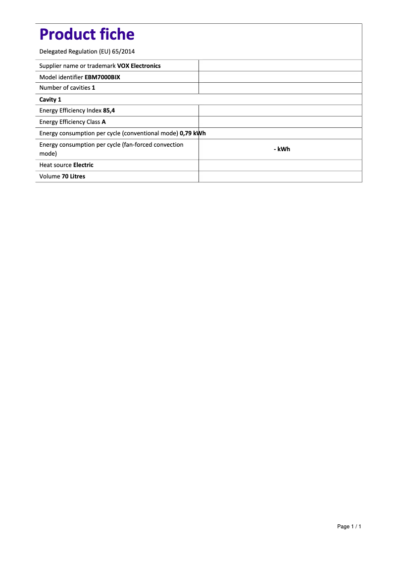 Page 1 de la notice Fiche technique VOX EBB 7000 BIX