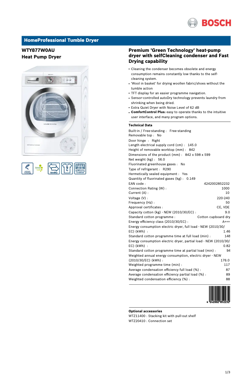 Page 1 de la notice Fiche technique Bosch WTY877W0AU
