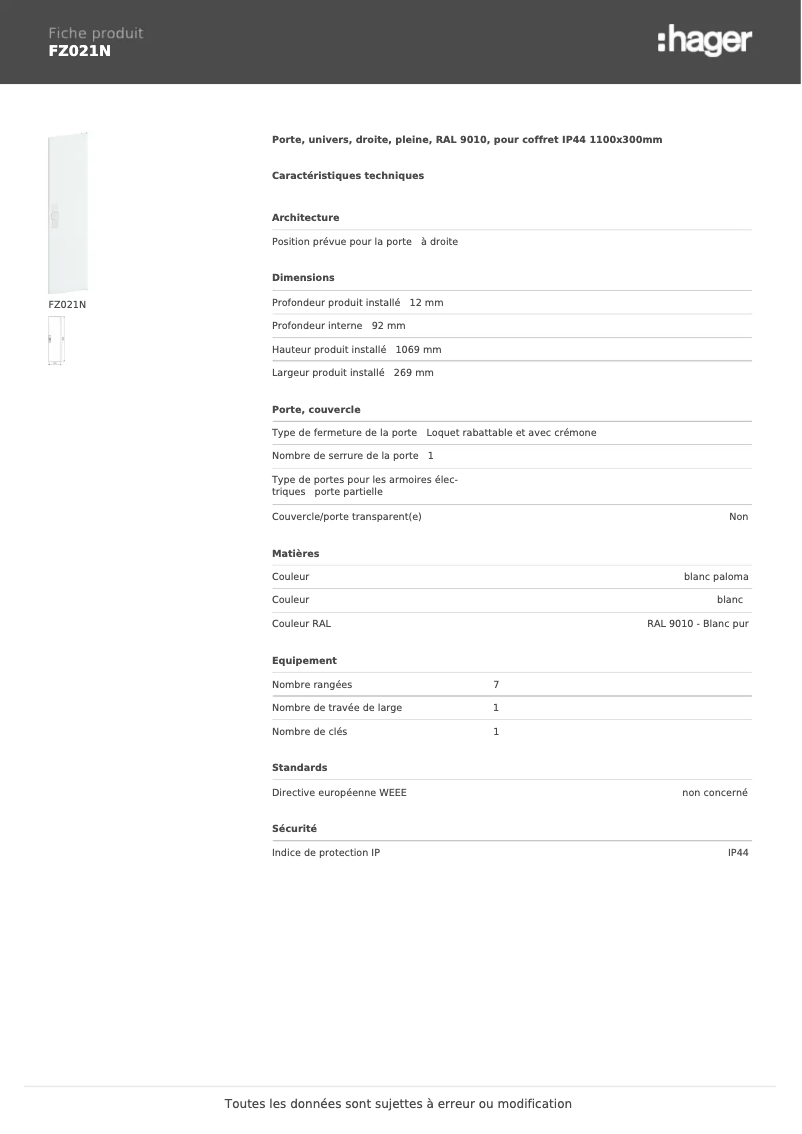 Page n°1 - Fiche technique Hager FZ021N