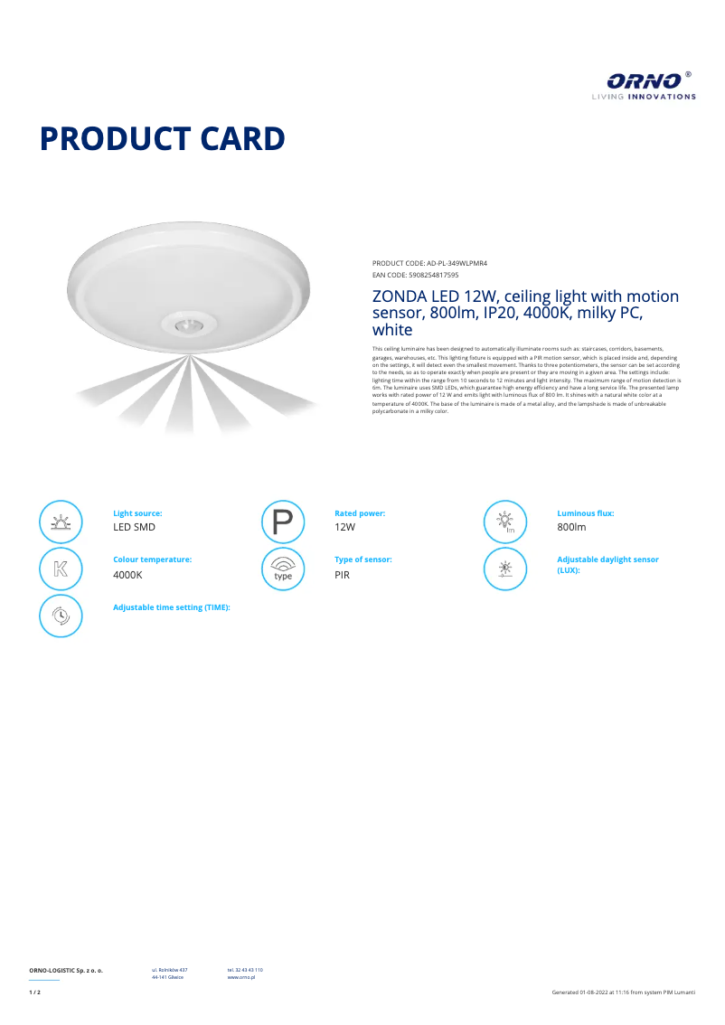 Page 1 de la notice Fiche technique Adviti AD-PL-349WLPMR4