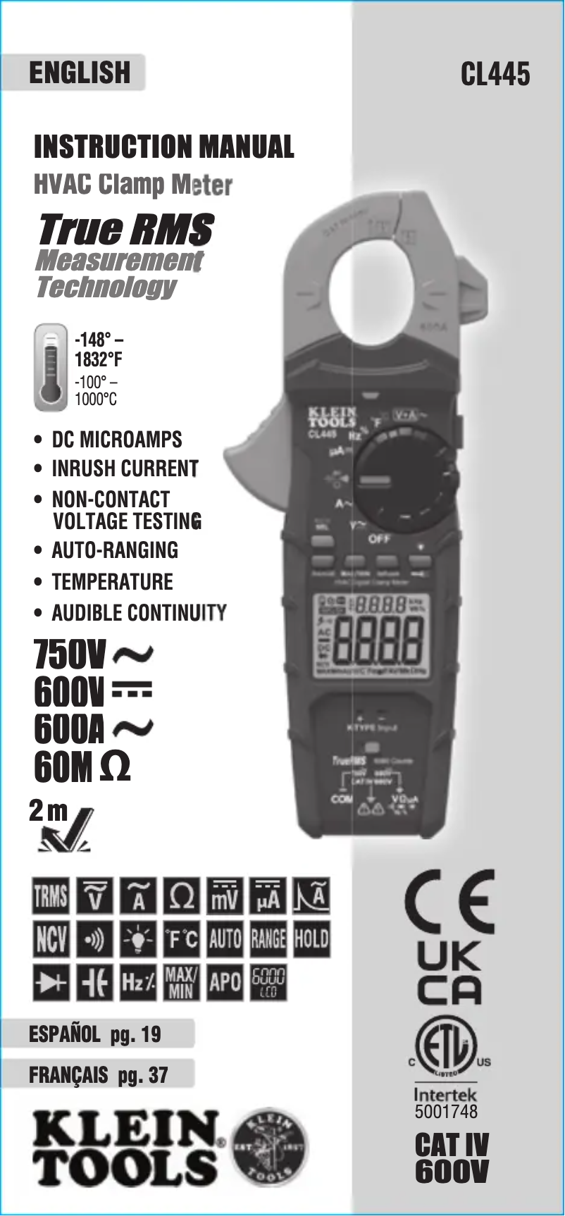 Page 1 de la notice Manuel utilisateur Klein Tools CL445