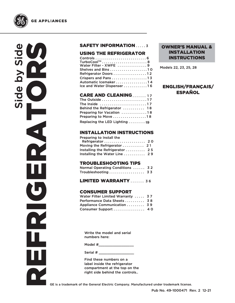 Page 1 of the manual Installation Guide GE Profile PZS22MMKES