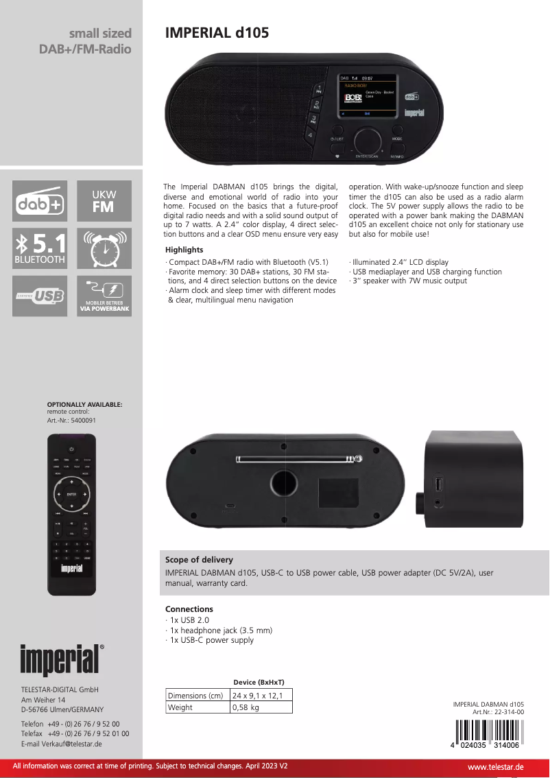 Imagen de la primera página del manual del dispositivo DABMAN d105