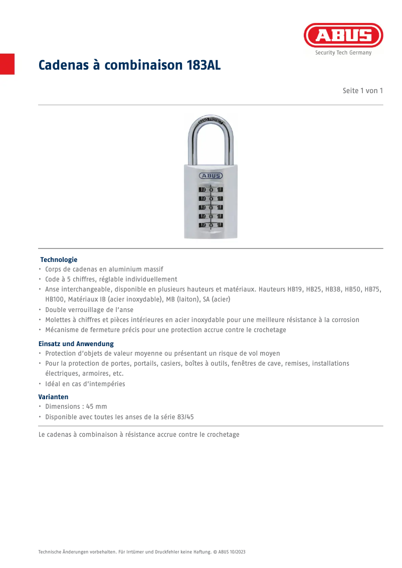 Page 1 de la notice Fiche technique Abus 183AL/45