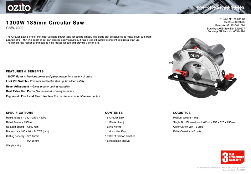 Page 1 de la notice Fiche technique Ozito CSW-7000