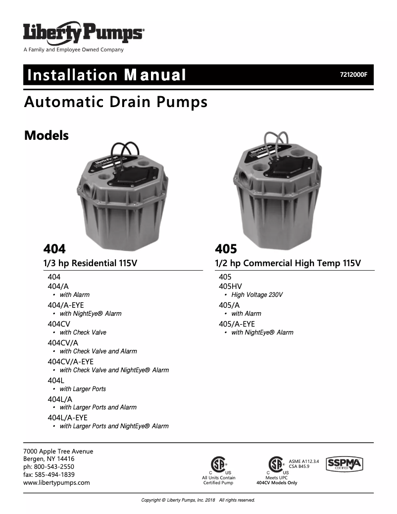 Page 1 de la notice Manuel utilisateur Liberty Pumps 405