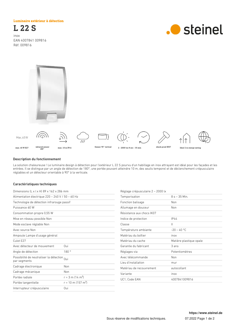 Page 1 de la notice Fiche technique Steinel L 22 S