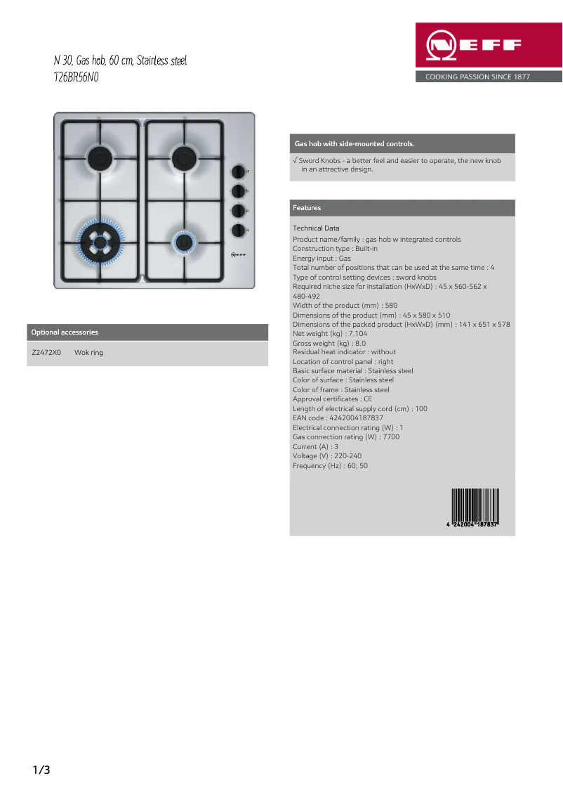 Page 1 de la notice Fiche technique Neff T26BR56N0