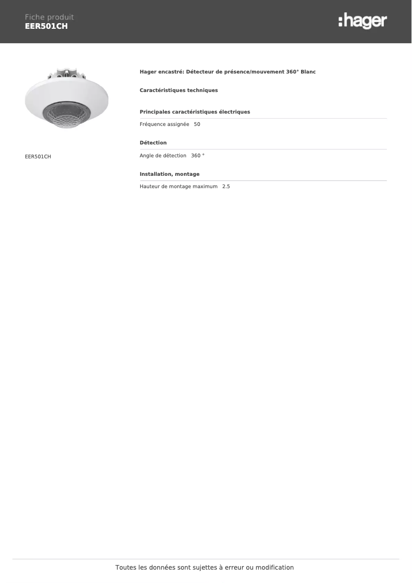 Page 1 de la notice Fiche technique Hager EER501CH