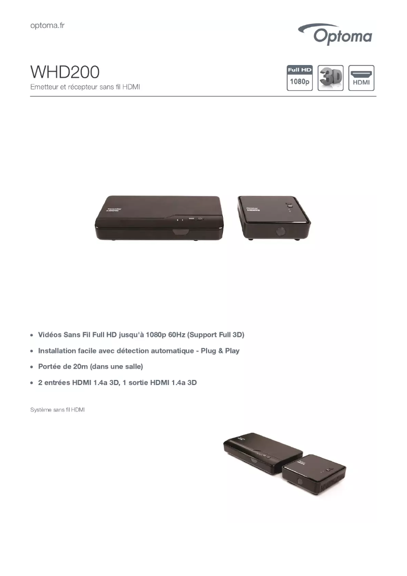 Page 1 de la notice Fiche technique Optoma WHD200