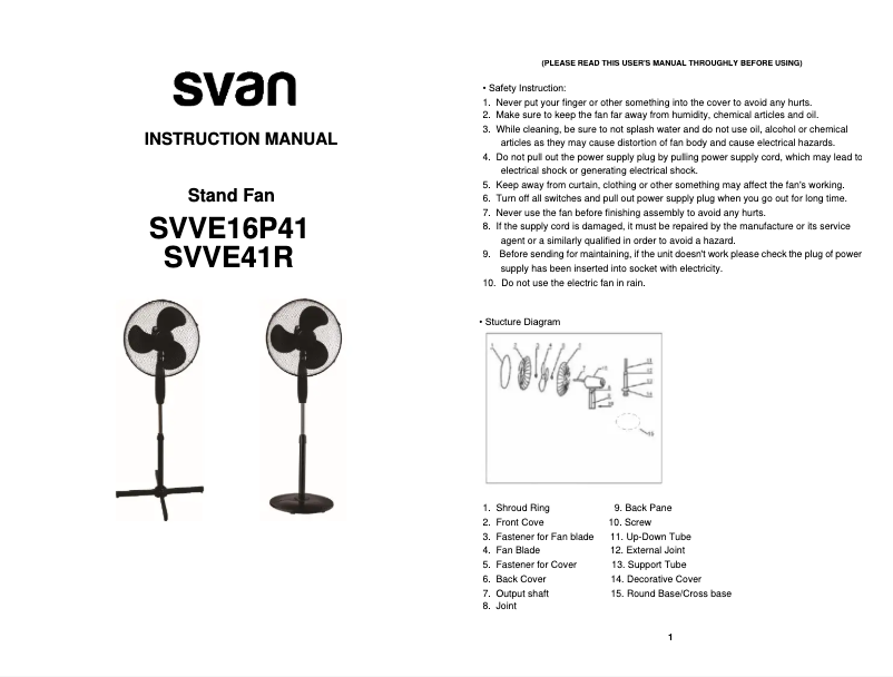 Page 1 de la notice Manuel utilisateur SVAN SVVE16P41