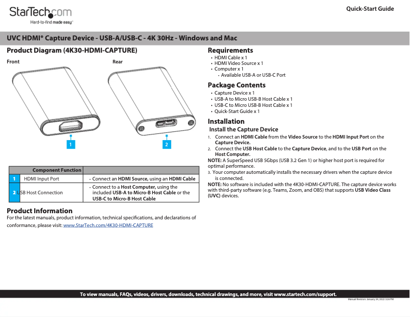 Page 1 de la notice Manuel utilisateur StarTech.com 4K30-HDMI-CAPTURE
