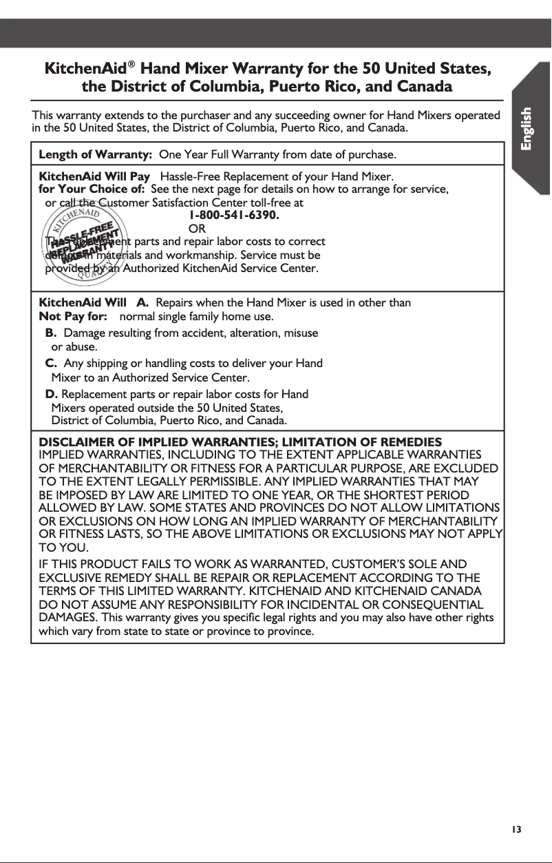 Page n°1 - Informations de garantie KitchenAid KHM512CL