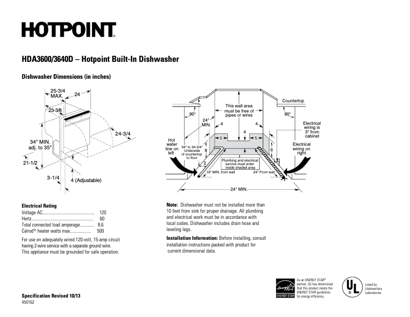 Page 1 de la notice Fiche technique Hotpoint HDA3600DCC