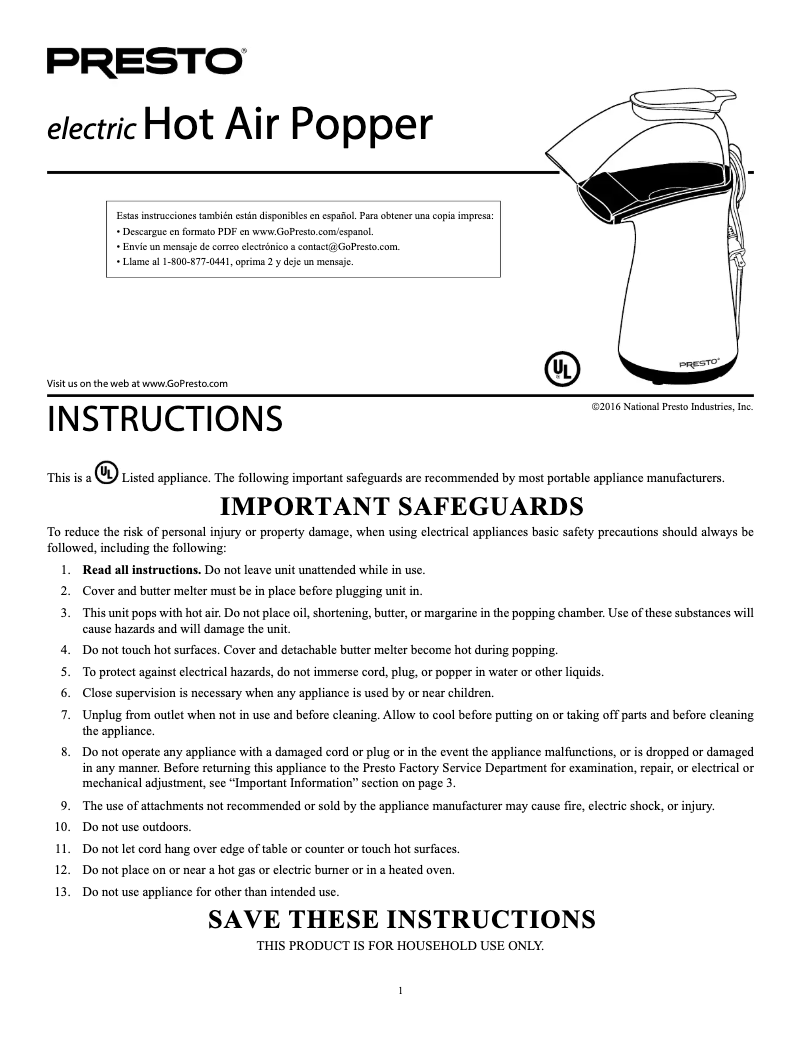 Page n°1 - Manuel utilisateur Presto Hot Air Popper 04820