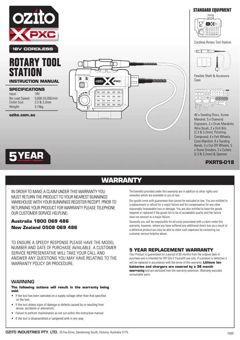 Page 1 de la notice Manuel utilisateur Ozito PXRTS-018