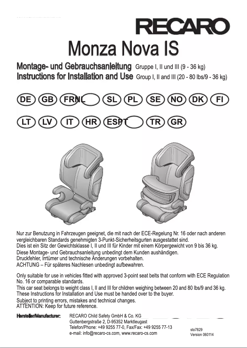 Page 1 de la notice Manuel utilisateur Recaro Monza Nova IS Seatfix