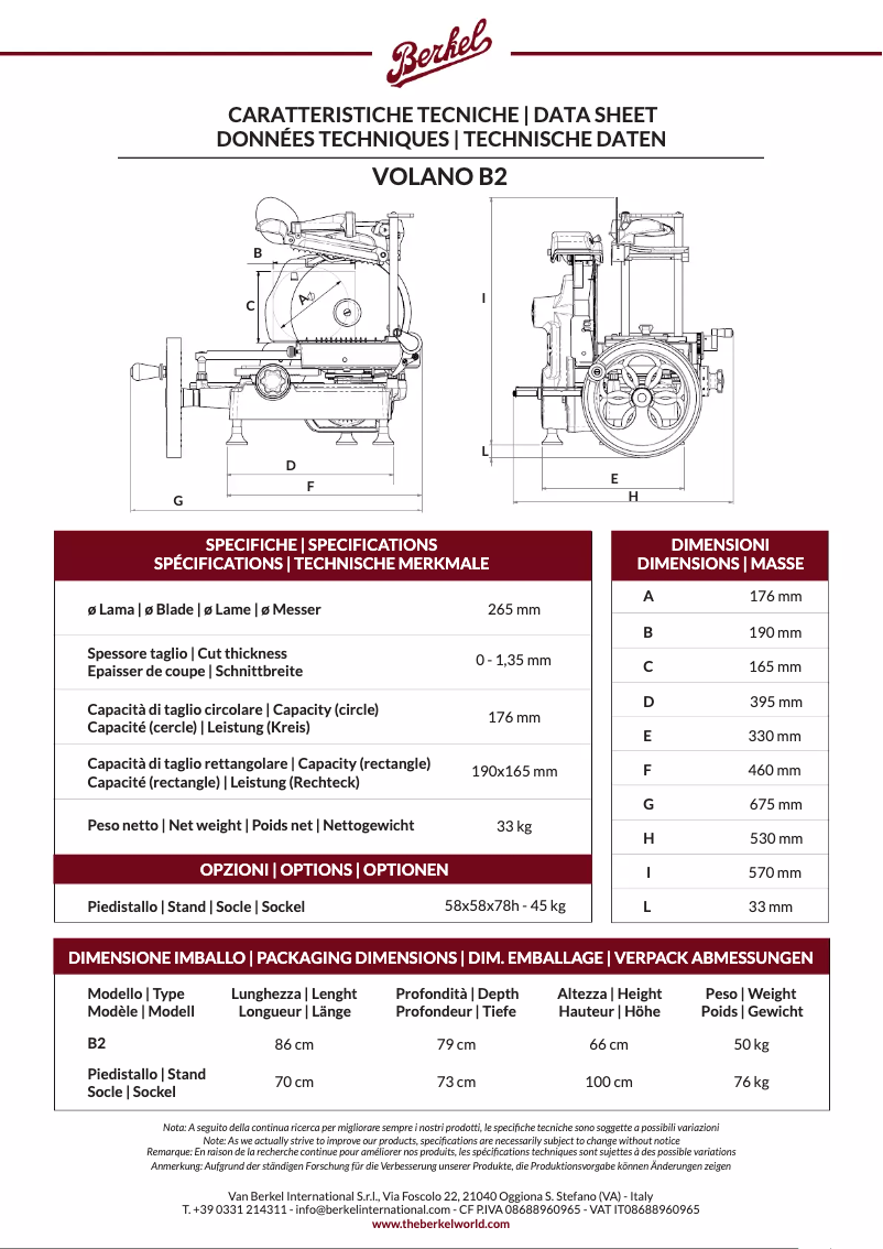Page n°1 - Fiche technique Berkel Volano B2