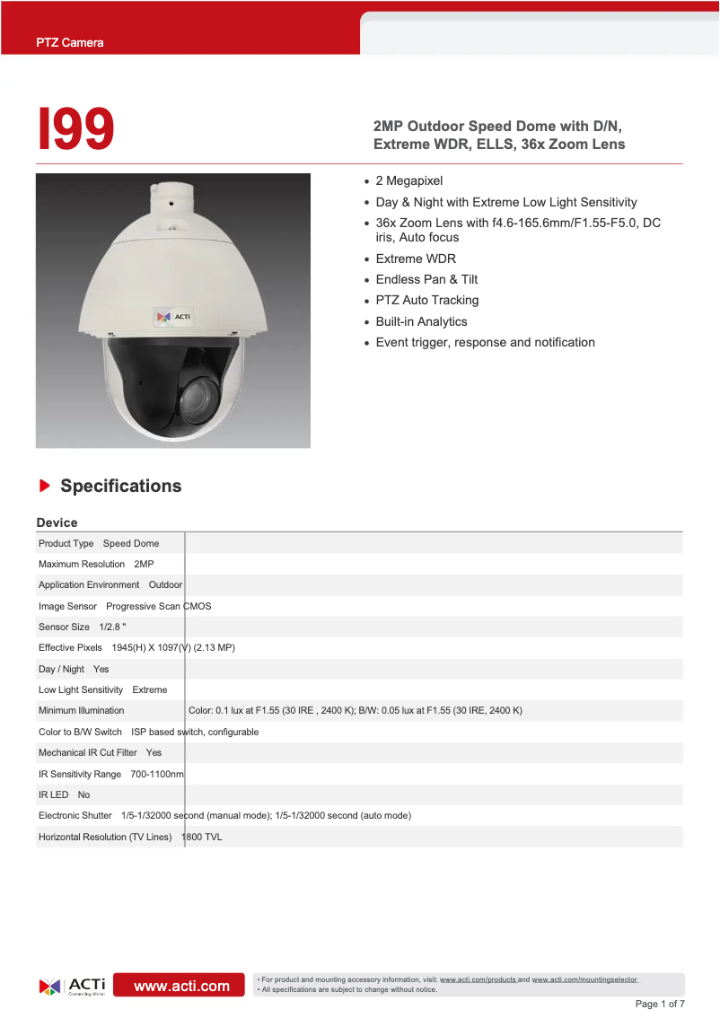 Page n°1 - Fiche technique ACTi I99