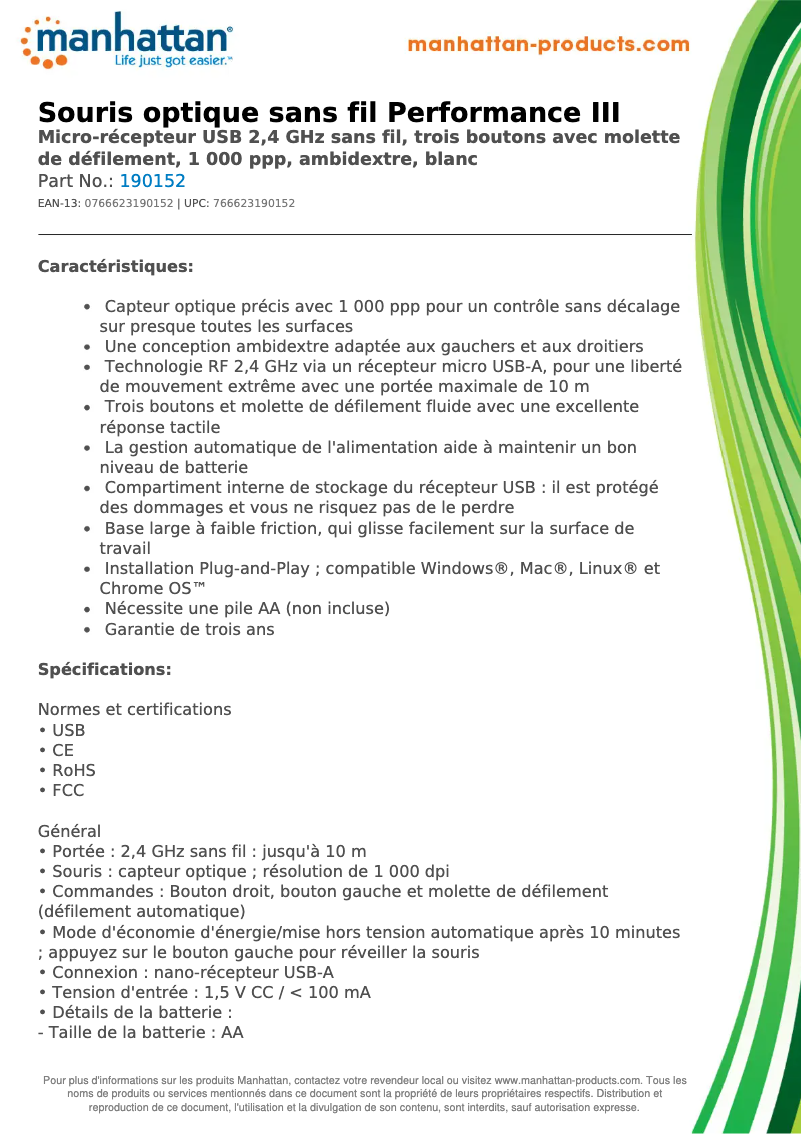 Page 1 de la notice Fiche technique Manhattan 190152