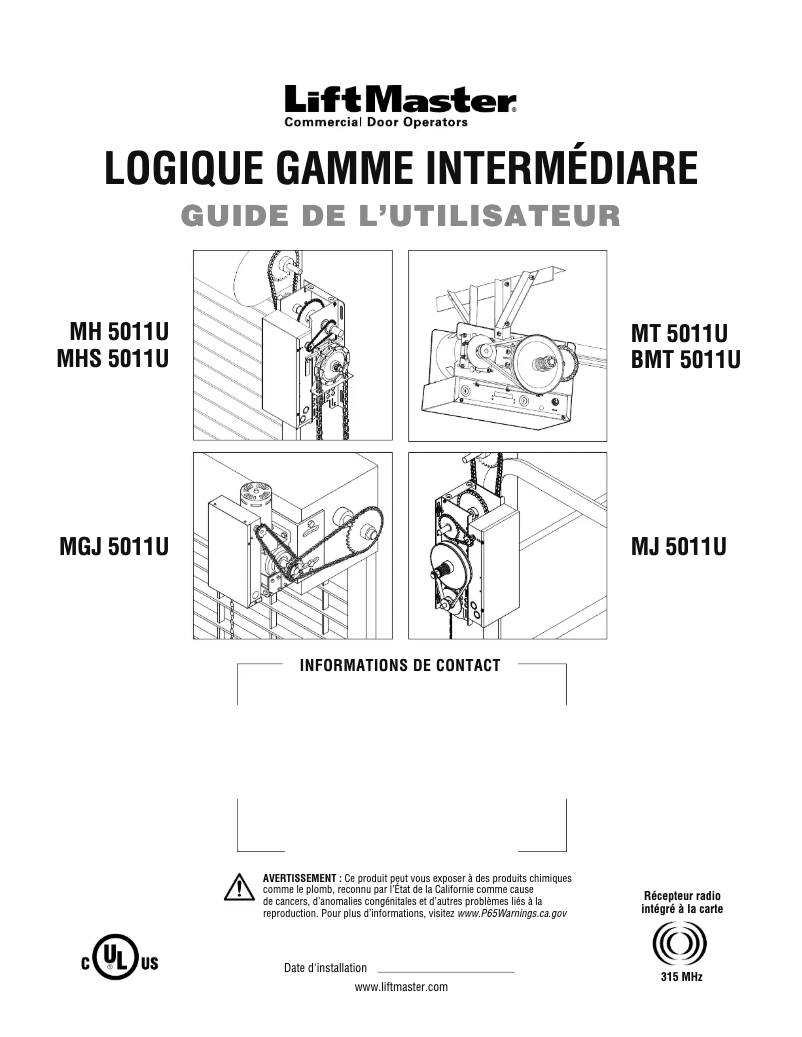 Page 1 of the manual Instructions / Assembly LiftMaster MGJ5011E