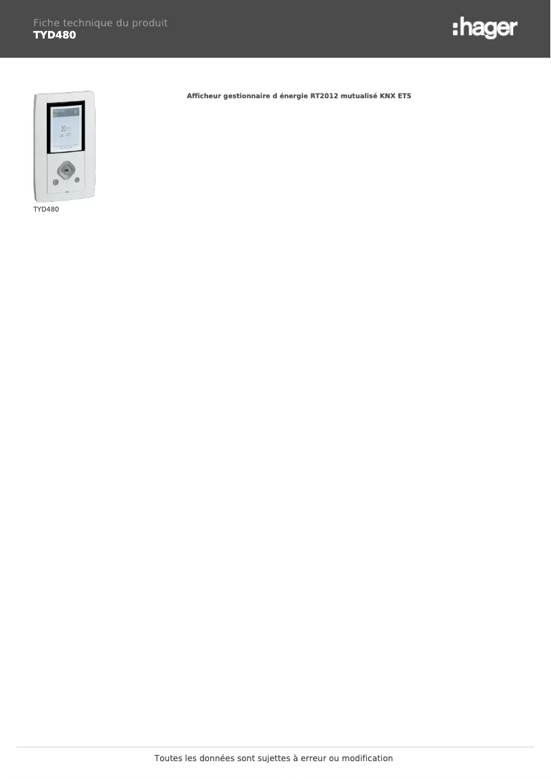 Page n°1 - Fiche technique Hager TYD480