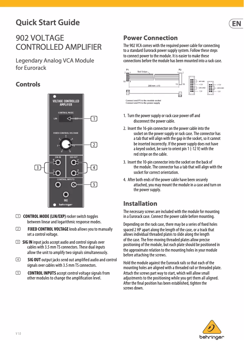 Page 1 de la notice Manuel utilisateur Behringer 902 Voltage Controlled Amplifier