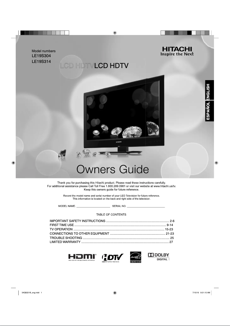 Page 1 de la notice Manuel utilisateur Hitachi LE19S314