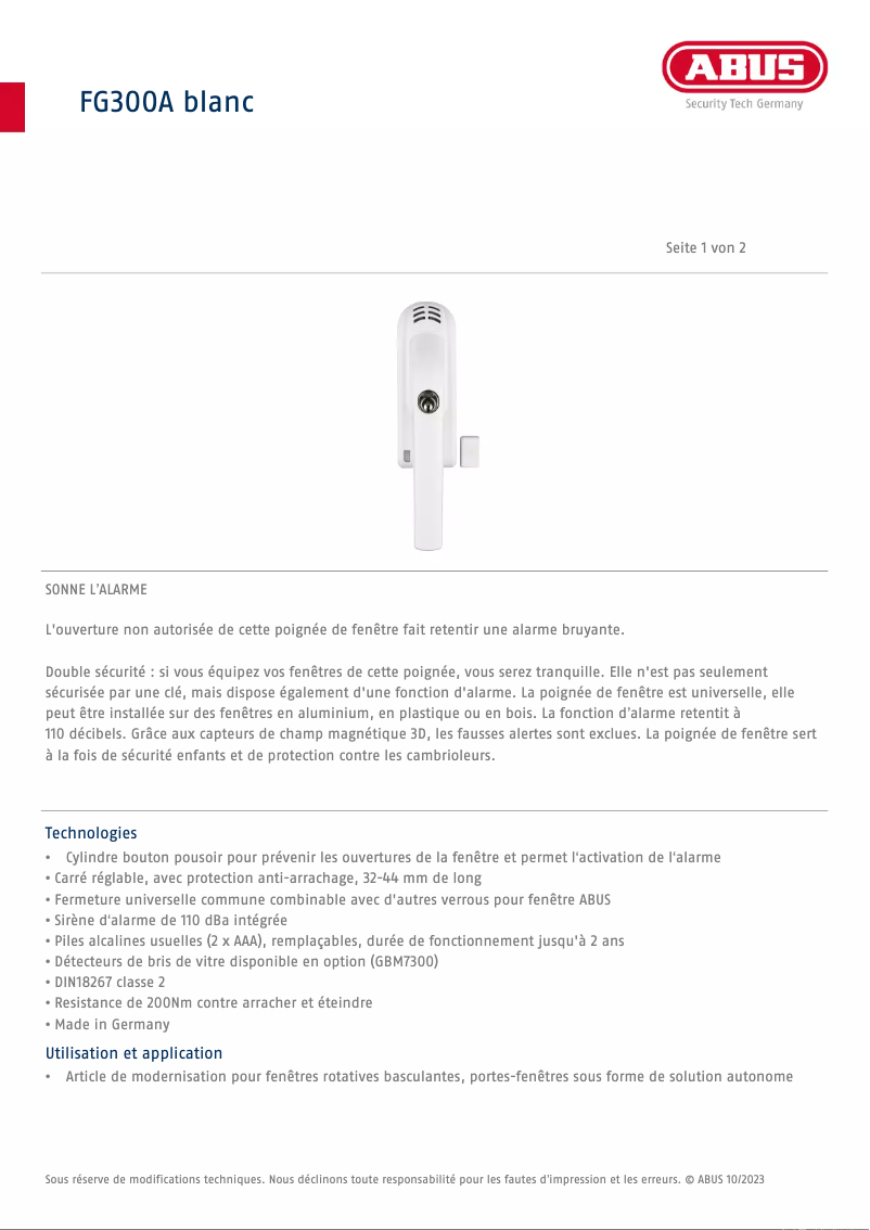 Page 1 de la notice Fiche technique Abus FG300A