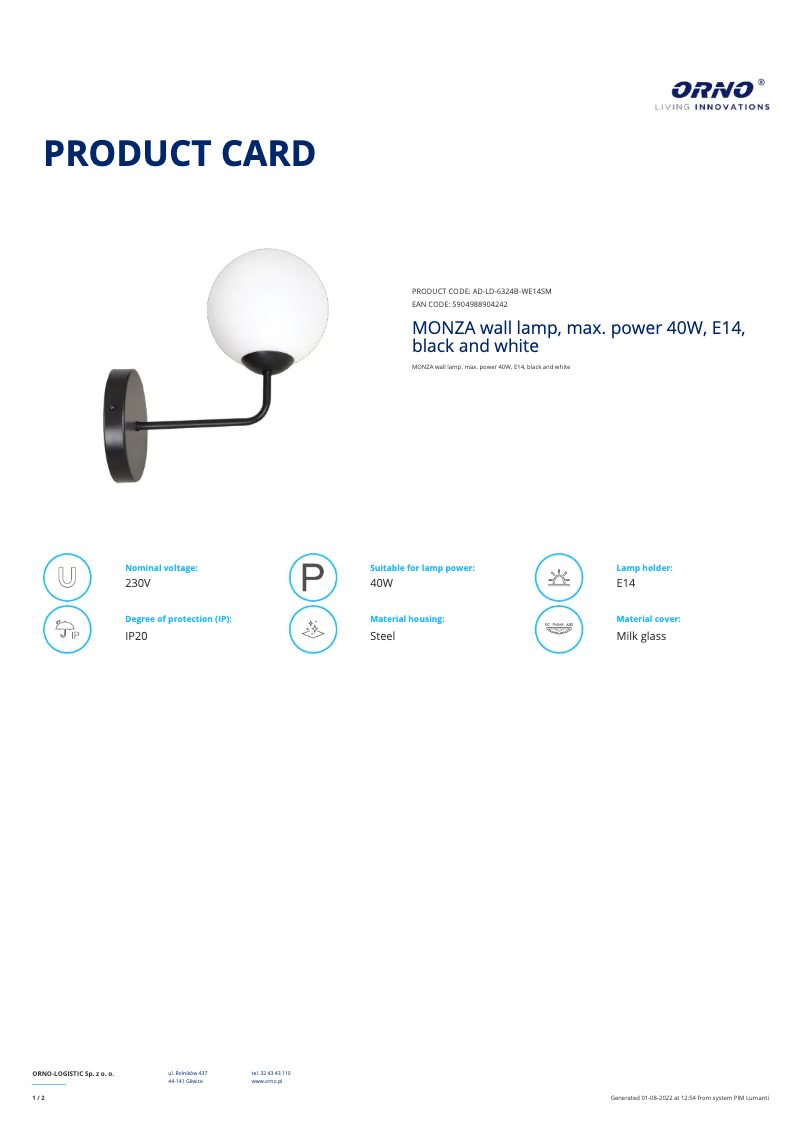 Page 1 de la notice Fiche technique Adviti AD-LD-6324B-WE14SM