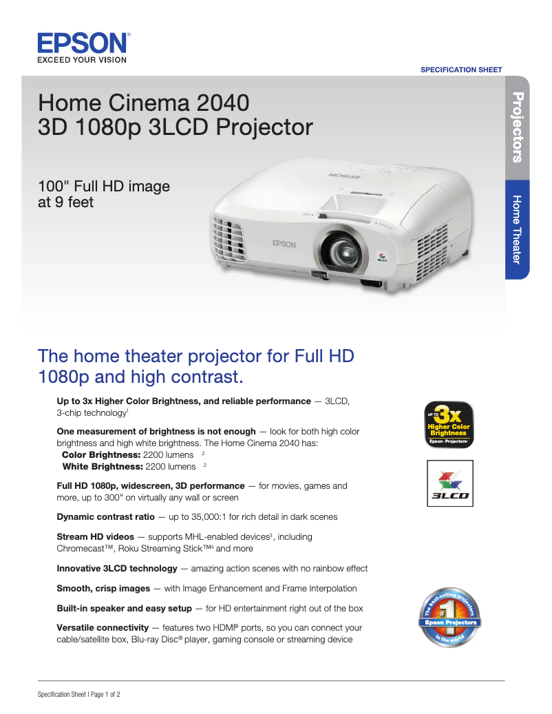 Página 1 del manual Ficha técnica Epson PowerLite Home Cinema 2040