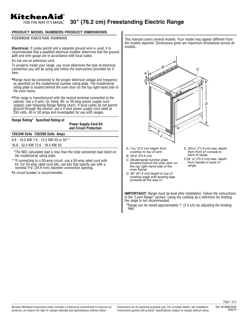 Page 1 de la notice Fiche technique KitchenAid KSEG700ESS