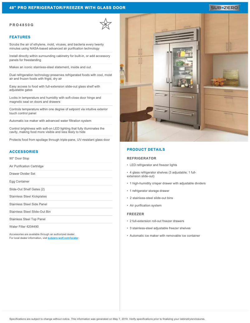 Page n°1 - Fiche technique Sub-Zero PRO4850G