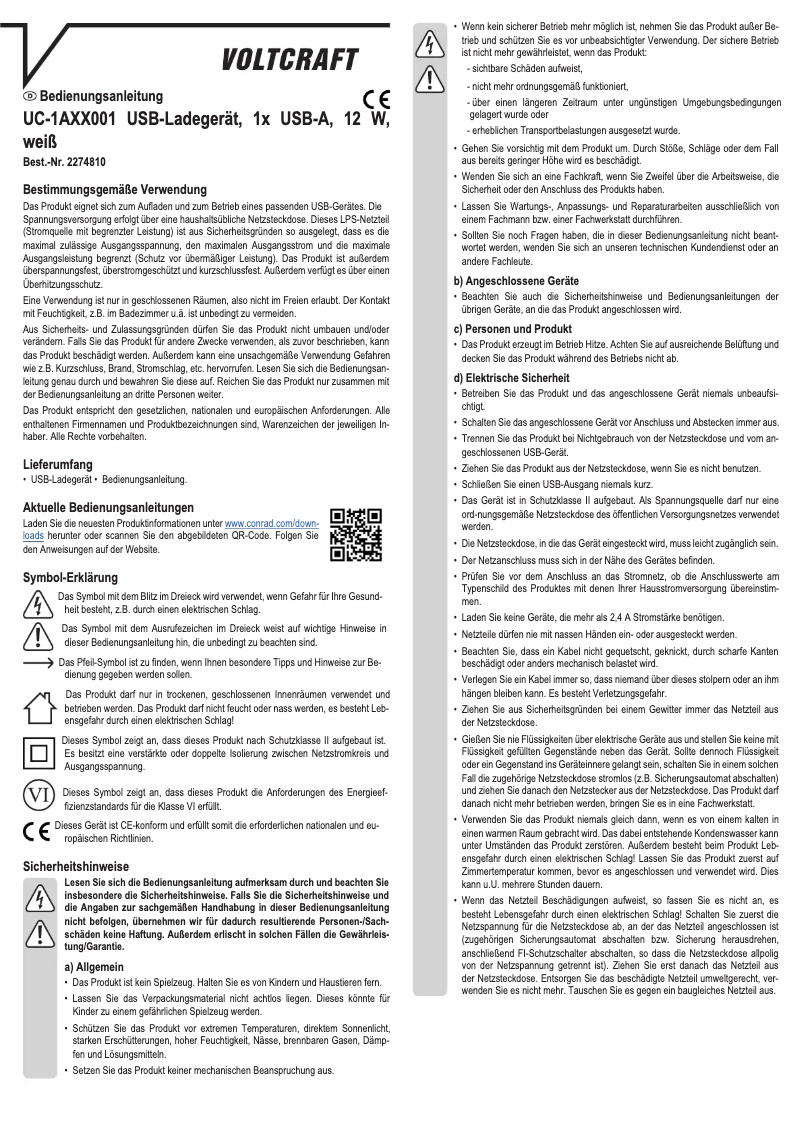 Page n°1 - Manuel utilisateur Voltcraft UC-1AXX001