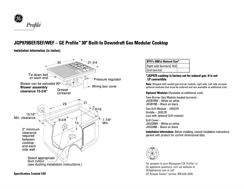 Page n°1 - Fiche technique GE Profile JGP979SEFSS