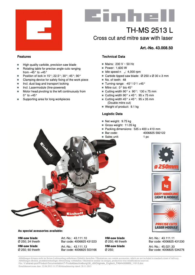 Page n°1 - Fiche technique Einhell TH-MS 2513 L