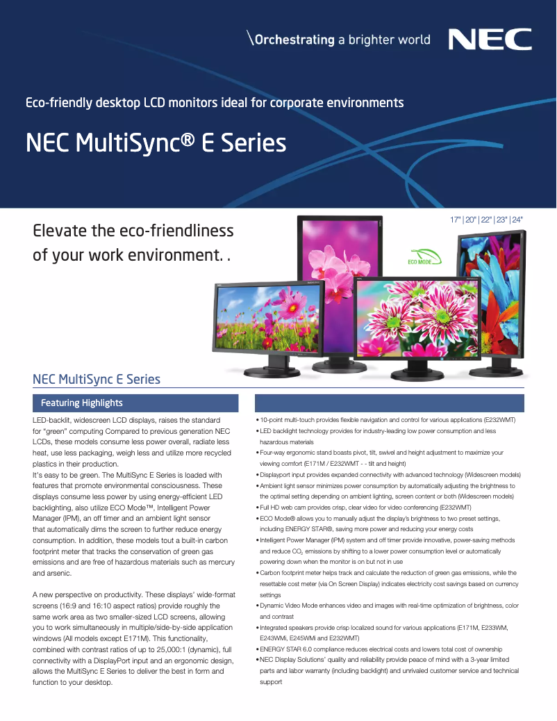 Image de la première page du manuel de l'appareil MultiSync E245WMi