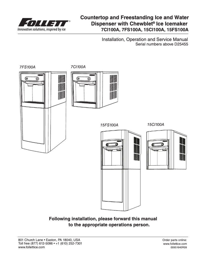 Page n°1 - Manuel d'utilisation et d'entretien Follett 7CI100A-IW-NF-ST-00