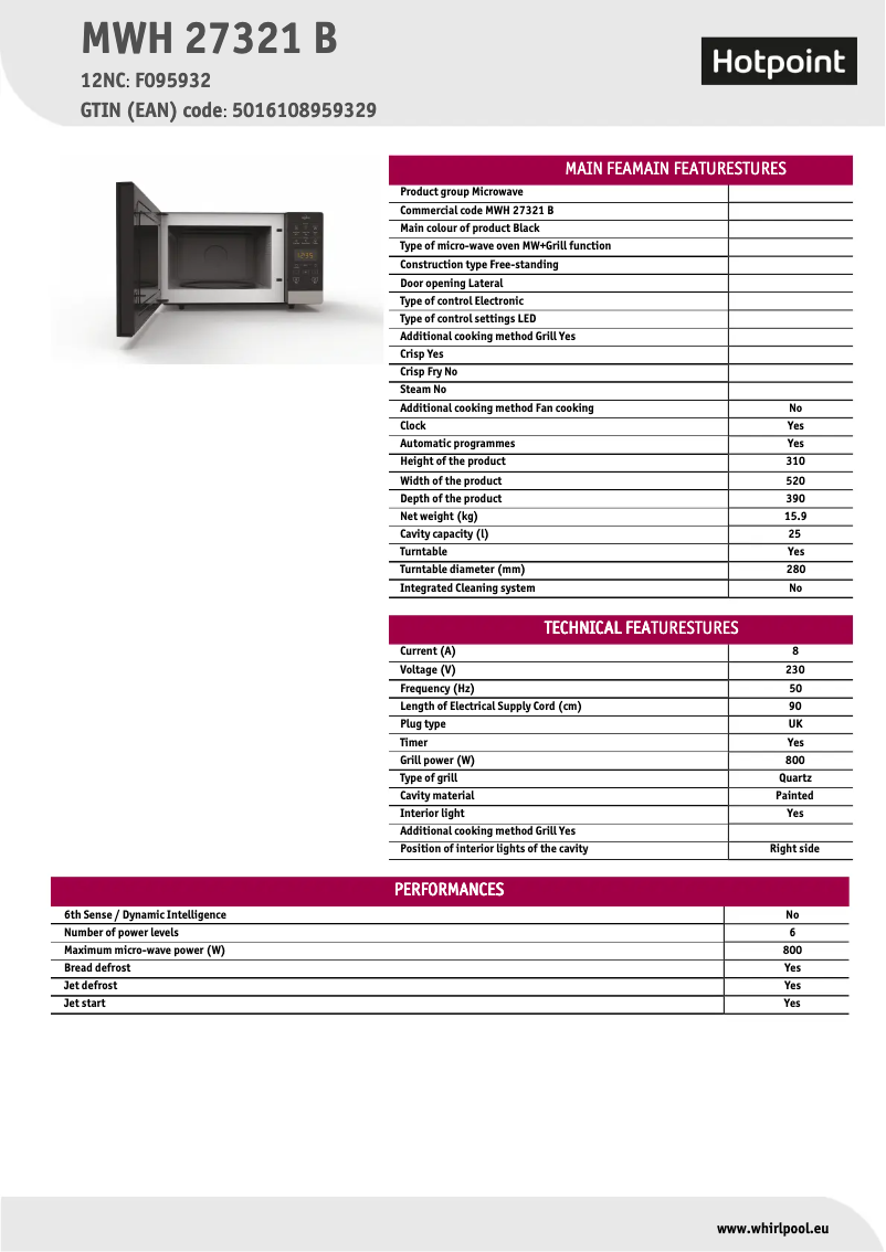 Page 1 de la notice Fiche technique Hotpoint MWH 27321 B