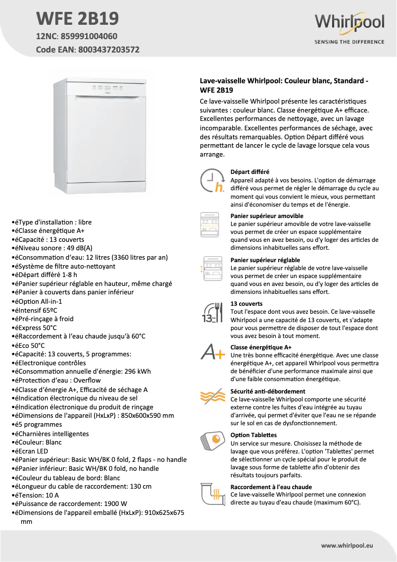 Page n°1 - Fiche technique Whirlpool WFE 2B19
