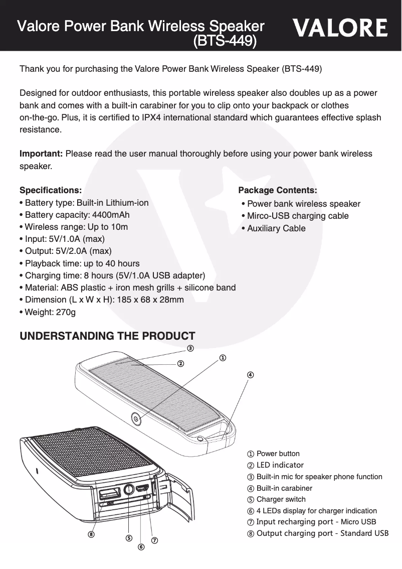 Page 1 de la notice Manuel utilisateur Valore BTS-449