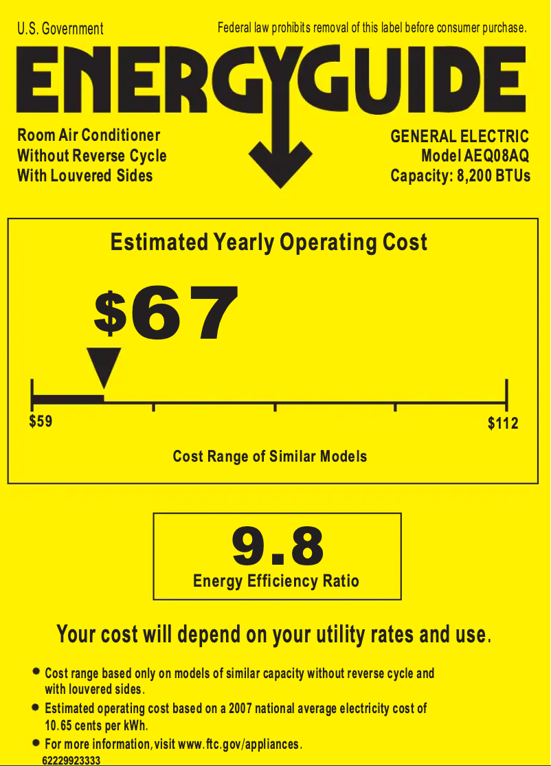 Page 1 de la notice Label énergétique GE AEQ08AQ