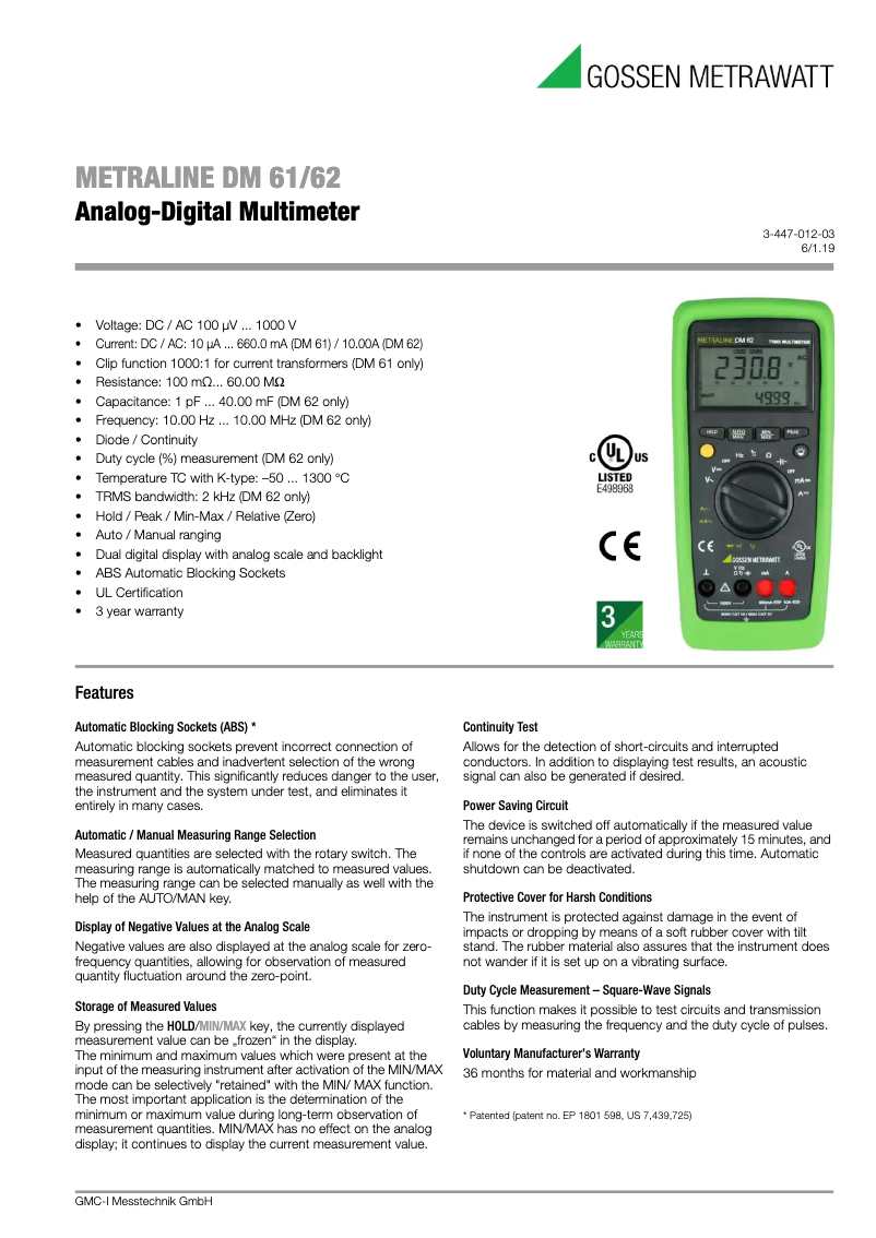 Page 1 de la notice Fiche technique Gossen Metrawatt Metraline DM 61