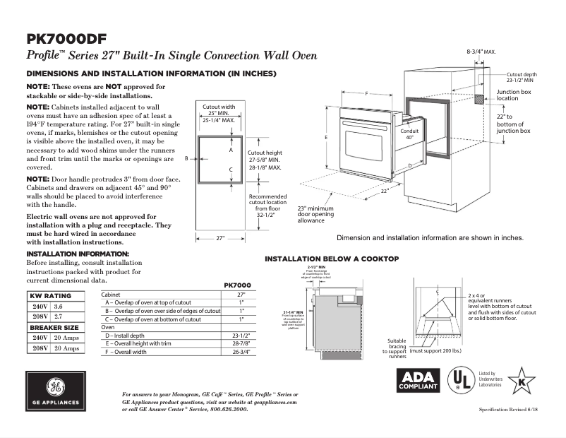 Page 1 of the manual Technical Sheet GE PK7000DFBB