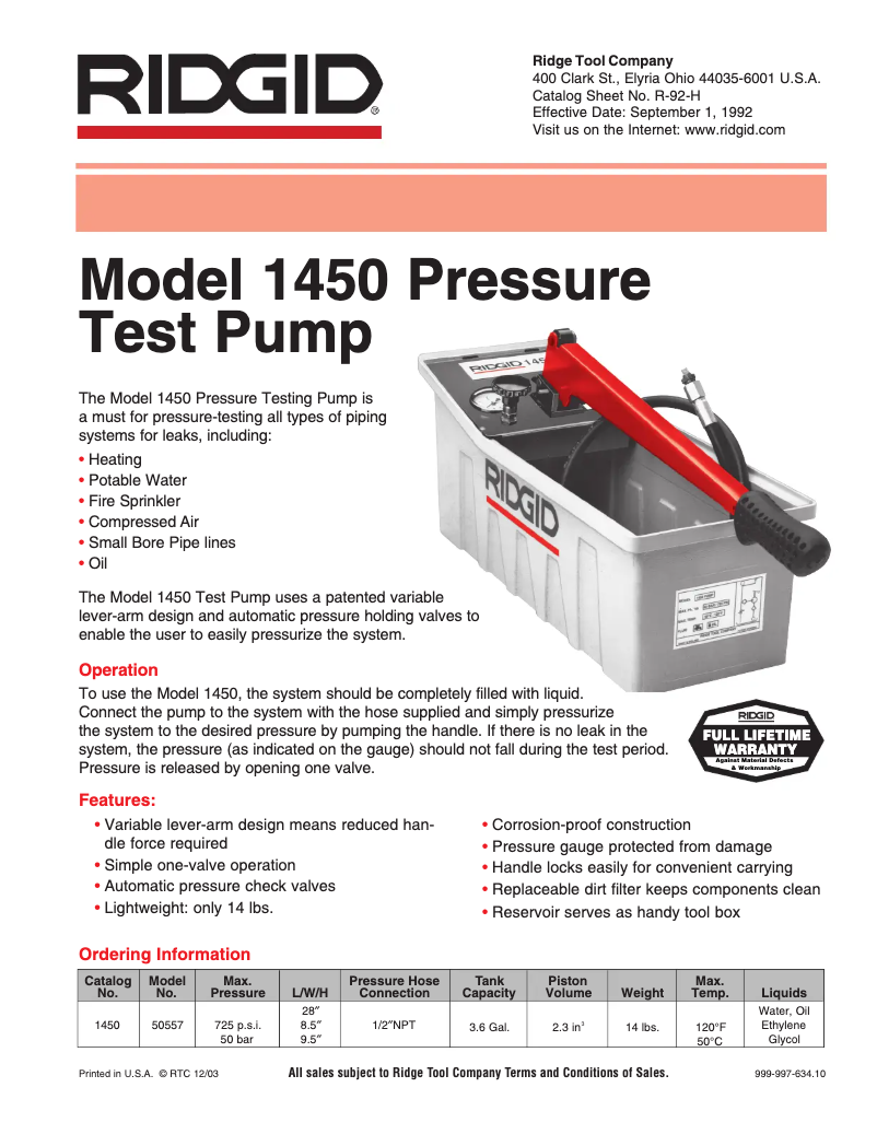Página 1 del manual Catálogo Ridgid 1450