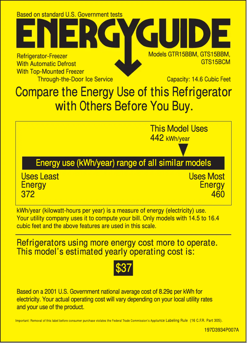 Page 1 de la notice Label énergétique GE GTS15BBMLWW