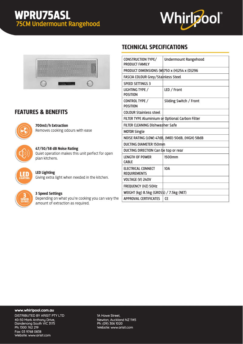 Página 1 del manual Ficha técnica Whirlpool WPRU75ASL