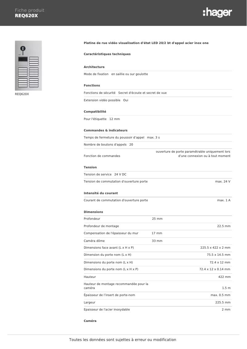 Page 1 de la notice Fiche technique Hager REQ620X